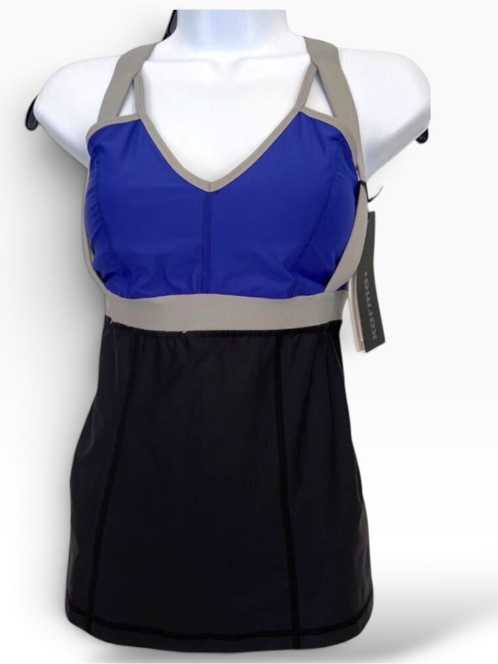 Karma Womens Athletic Tank Top Black & cobalt Blue With silver grey Straps surge
